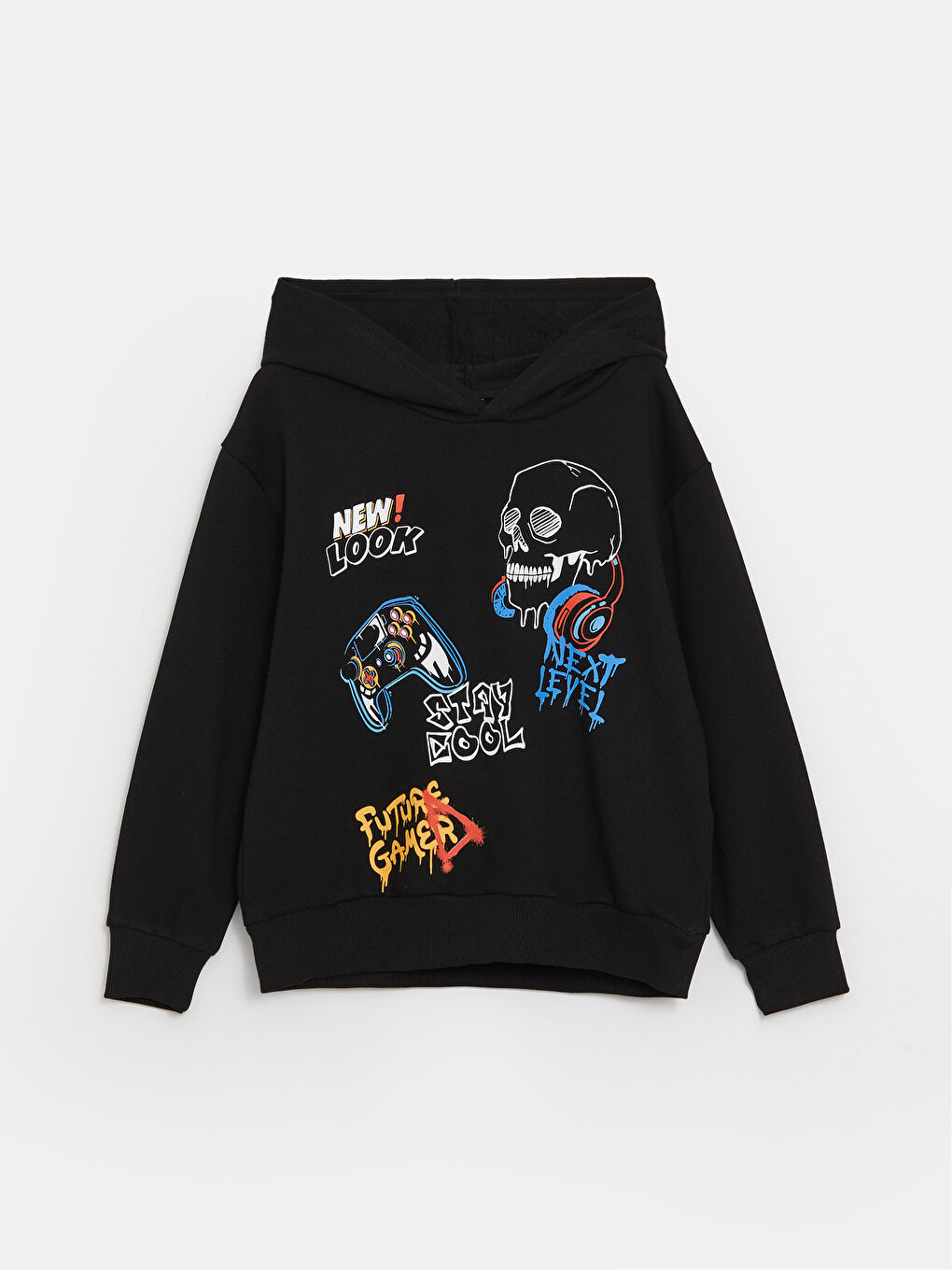 LCW Kids Yeni Siyah Rahat Kalıp Baskılı Erkek Çocuk Hoodie