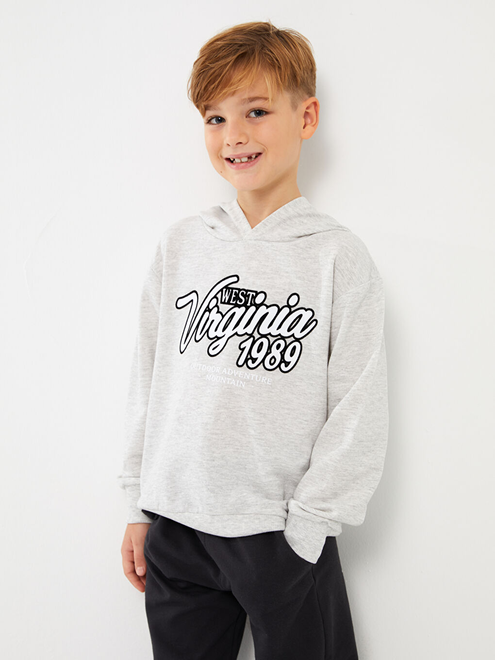 LCW Kids Grey Mel - Lacivert Baskılı Uzun Kollu Erkek Çocuk Hoodie