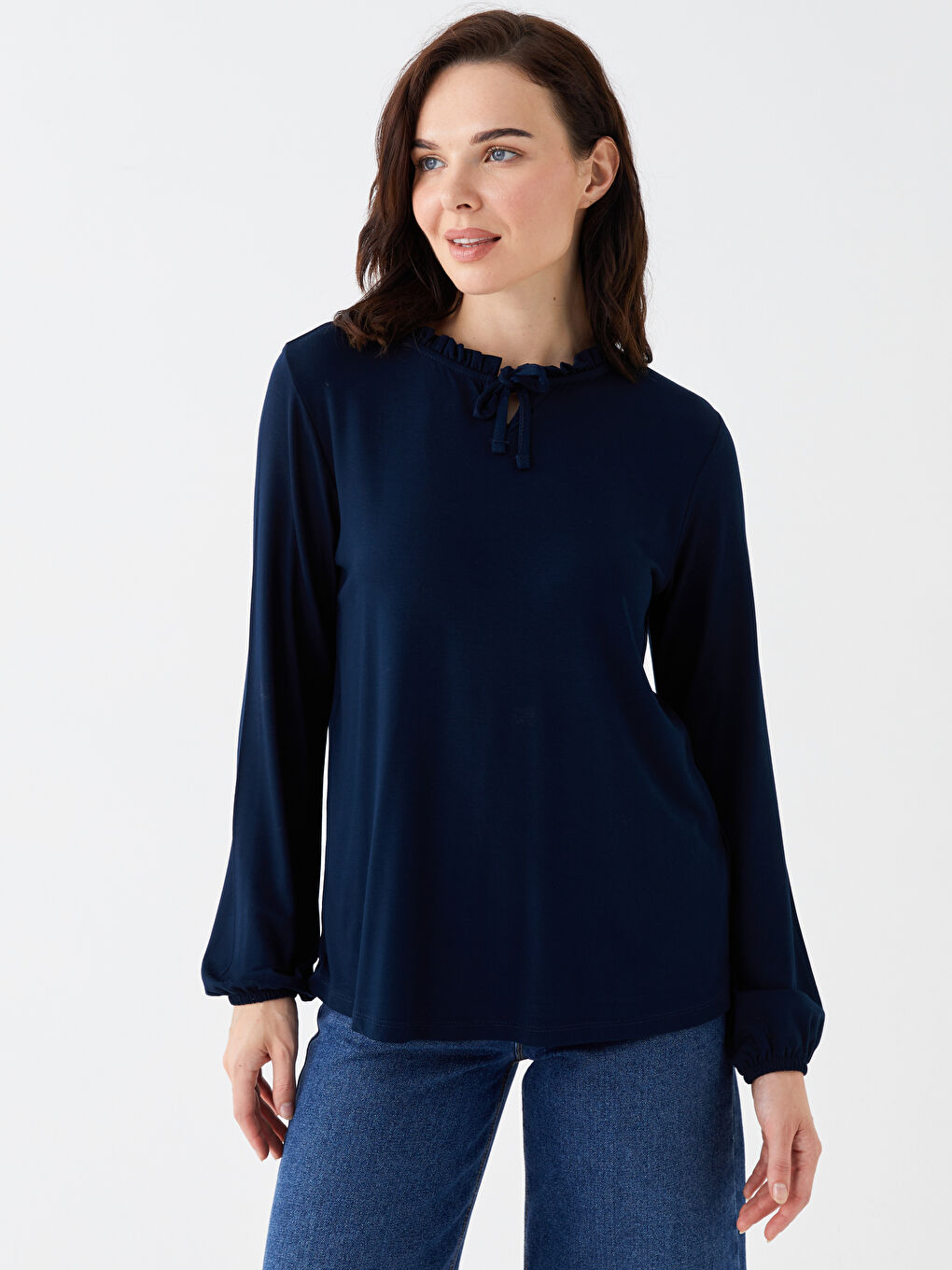 Lacivert Bağlamalı Yaka Düz Uzun Kollu Kadın Bluz