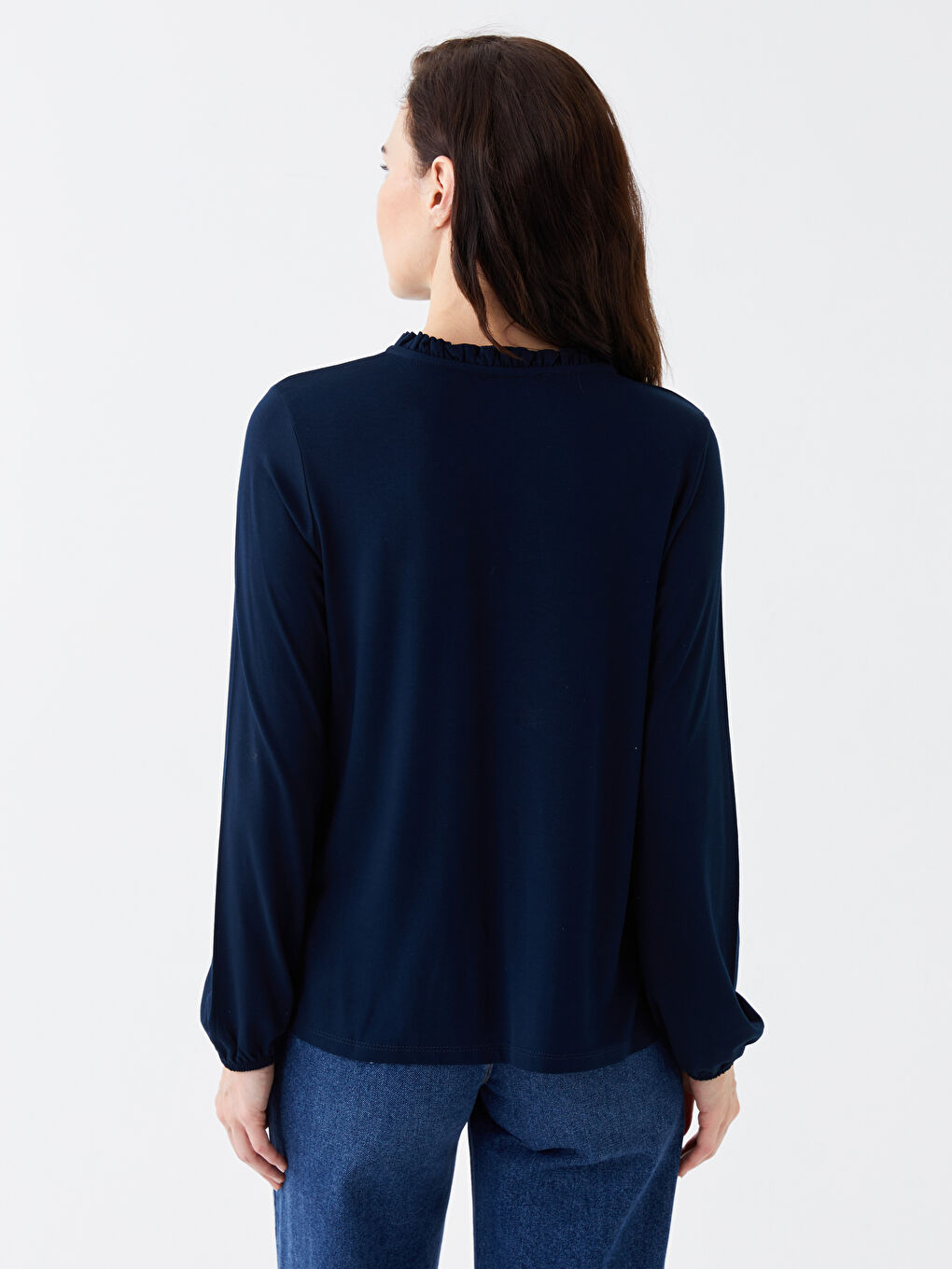 Lacivert Bağlamalı Yaka Düz Uzun Kollu Kadın Bluz-3