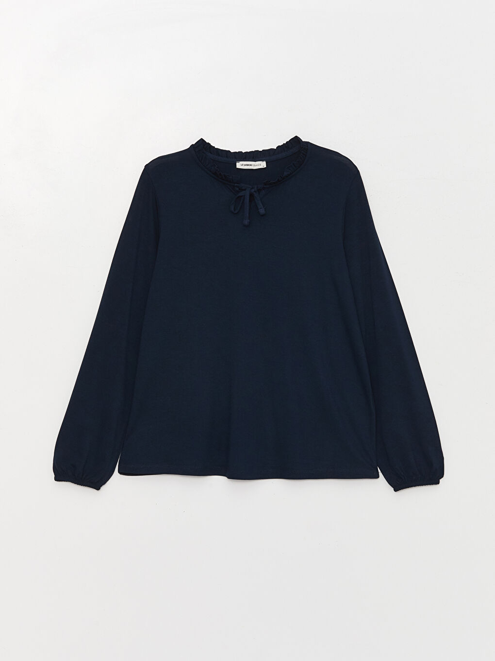 Lacivert Bağlamalı Yaka Düz Uzun Kollu Kadın Bluz-5