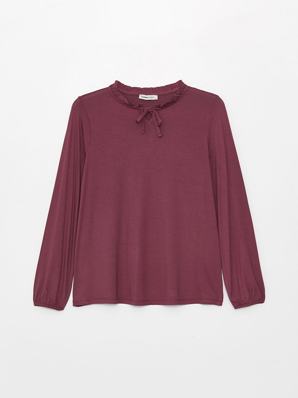 Mürdüm Bağlamalı Yaka Düz Uzun Kollu Kadın Bluz-5