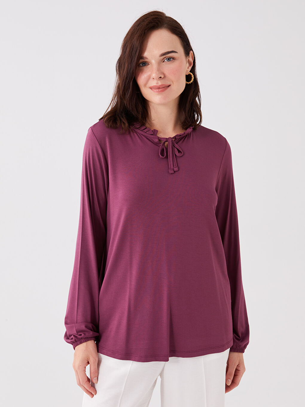 Mürdüm Bağlamalı Yaka Düz Uzun Kollu Kadın Bluz