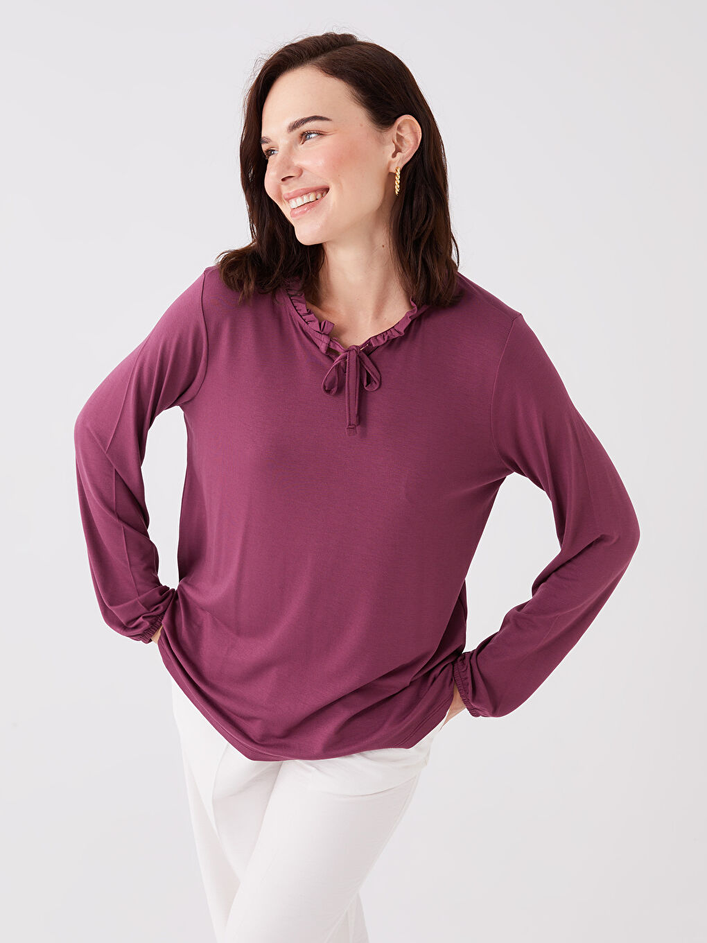 Mürdüm Bağlamalı Yaka Düz Uzun Kollu Kadın Bluz-1