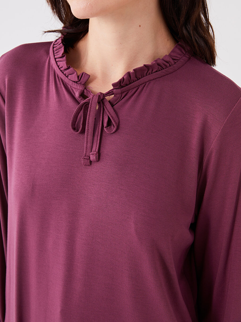 Mürdüm Bağlamalı Yaka Düz Uzun Kollu Kadın Bluz-3