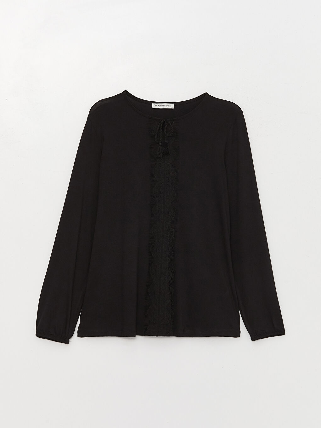 Siyah Bağlamalı Yaka Nakışlı Uzun Kollu Kadın Bluz-5