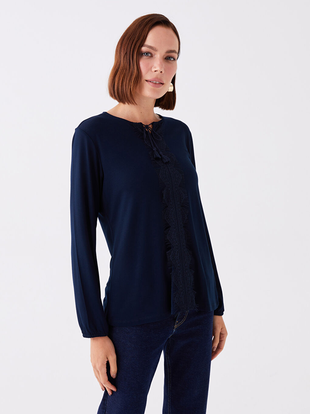 Lacivert Bağlamalı Yaka Desenli Uzun Kollu Kadın Bluz