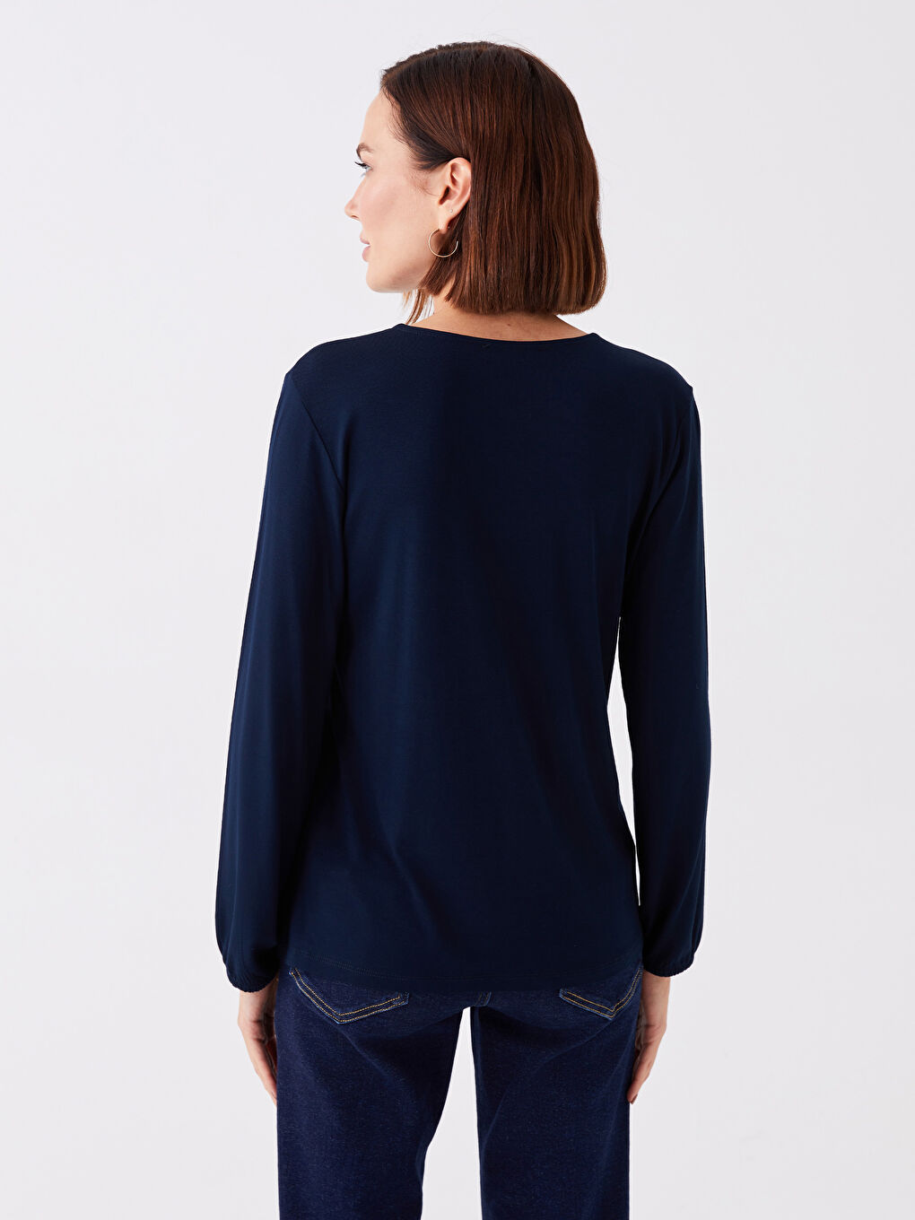 Lacivert Bağlamalı Yaka Desenli Uzun Kollu Kadın Bluz-4