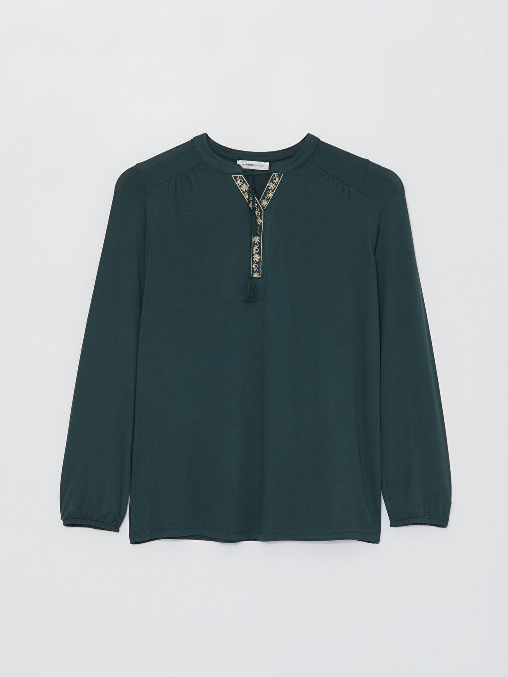 Yeşil Bağlamalı Yaka Nakışlı Uzun Kollu Kadın Bluz-5