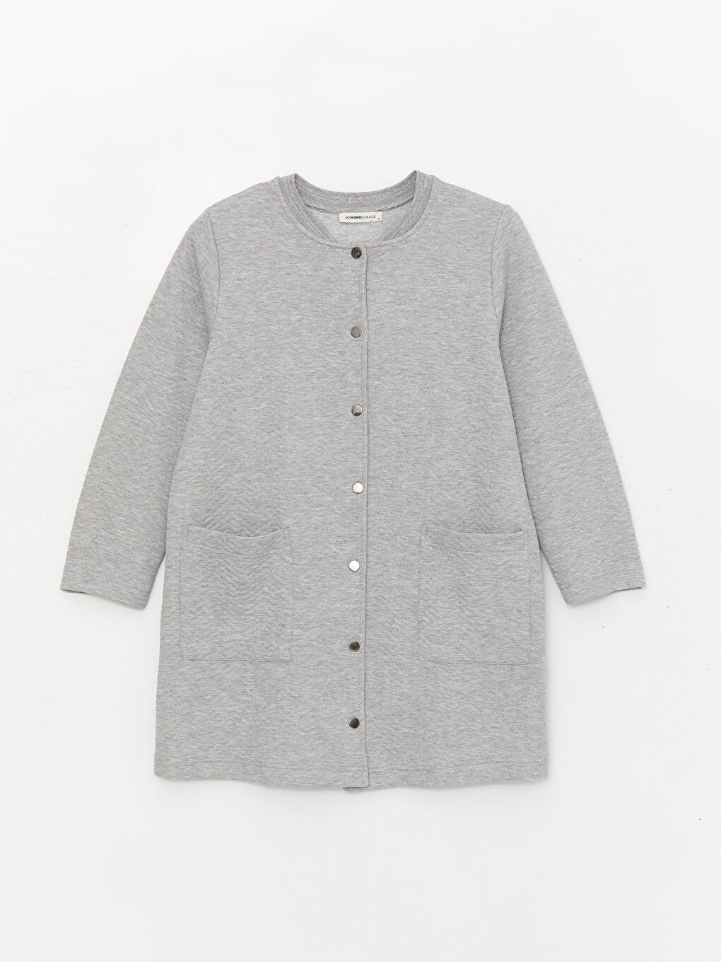 Gri Kolej Yaka Kendinden Desenli Uzun Kollu Kadın Hırka-5