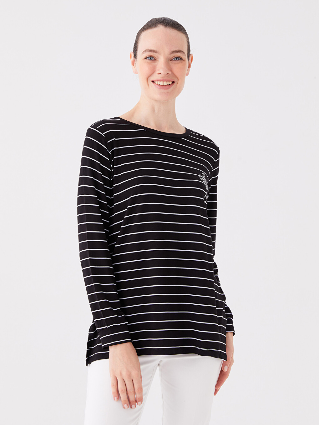 Siyah Bisiklet Yaka Çizgili Uzun Kollu Kadın Tunik-1