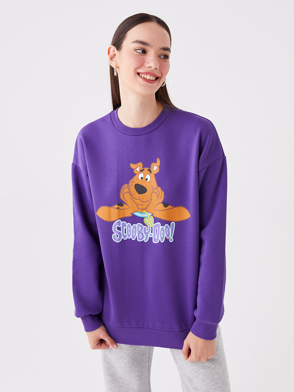 LCW Vision Mor Bisiklet Yaka Scooby Doo Baskılı Oversize Kadın Kalın Sweatshirt