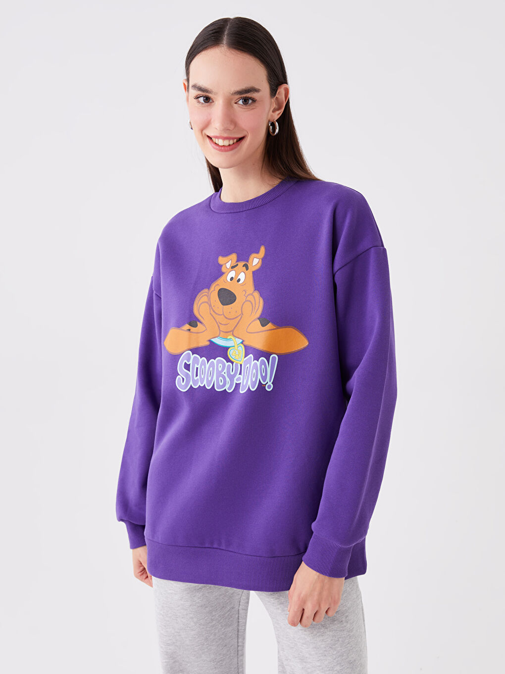 LCW Vision Mor Bisiklet Yaka Scooby Doo Baskılı Oversize Kadın Kalın Sweatshirt - 1