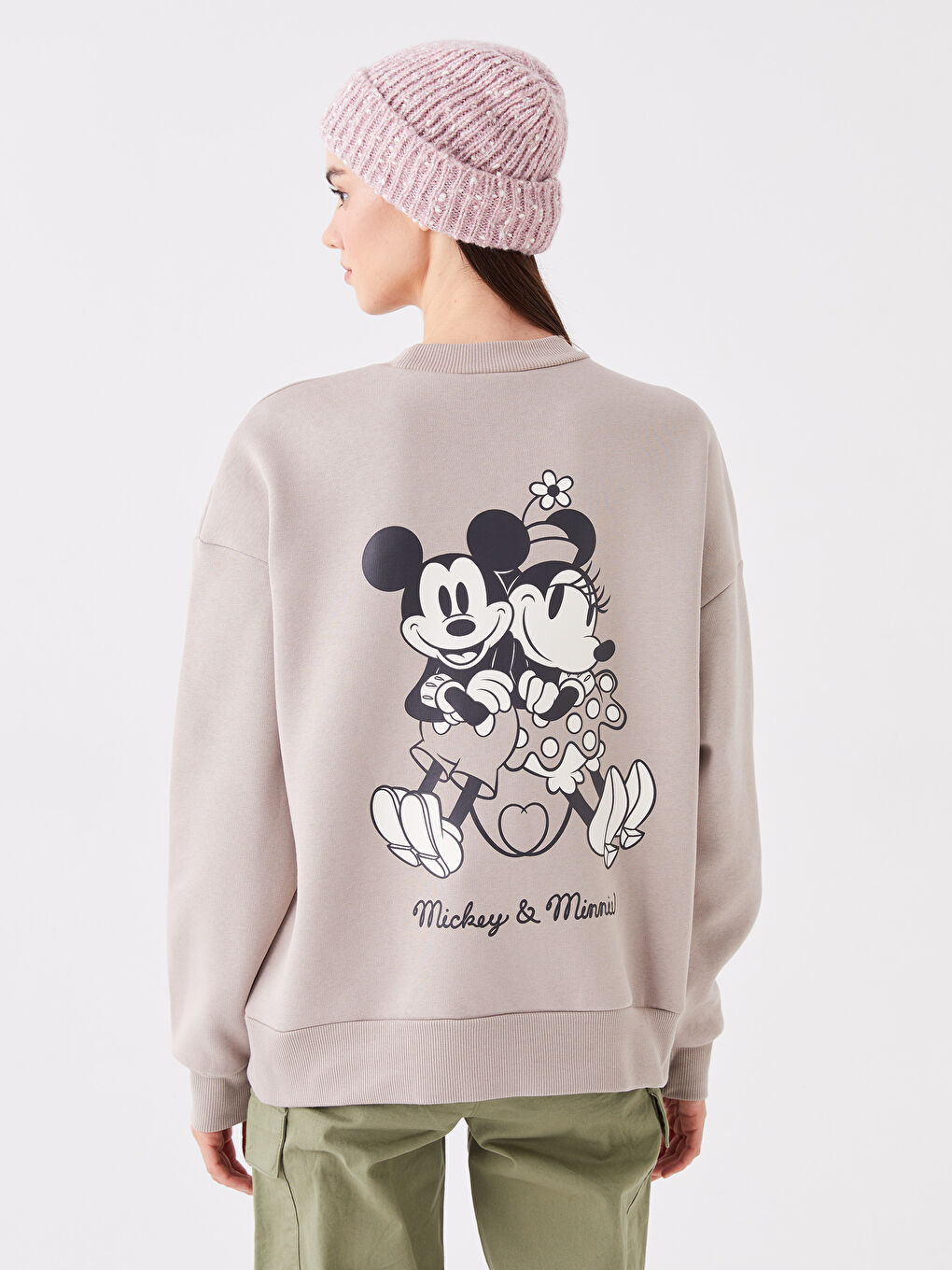 LCW Vision Bej Bisiklet Yaka Mickey Mouse Baskılı Oversize Kadın Kalın Sweatshirt - 4