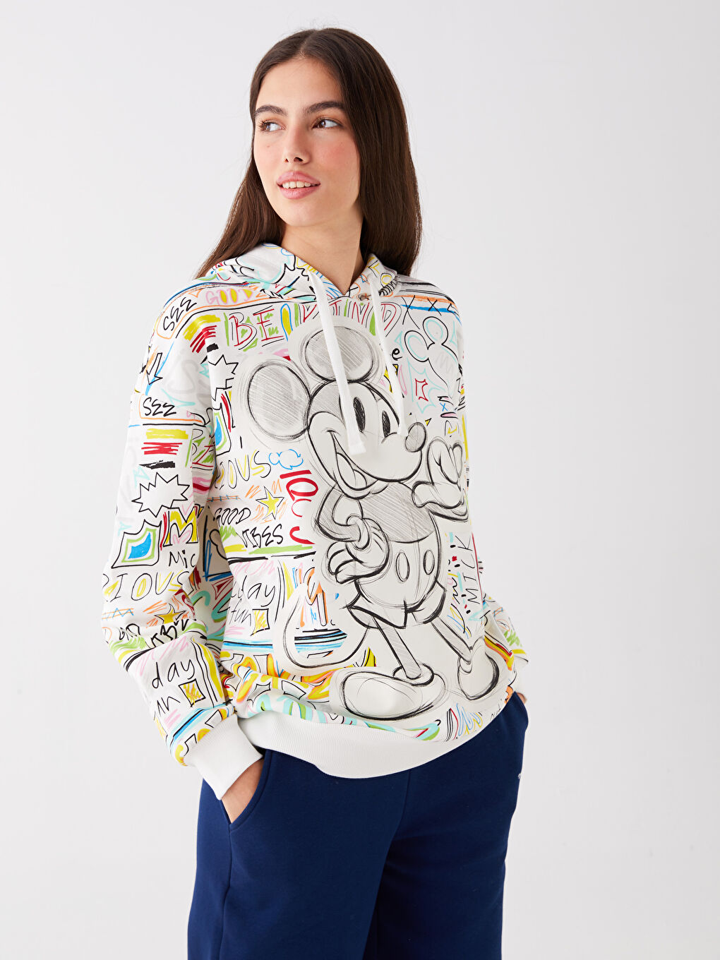 LCW Vision Ekru Baskılı Mickey Mouse Baskılı Oversize Kadın Kalın Hoodie