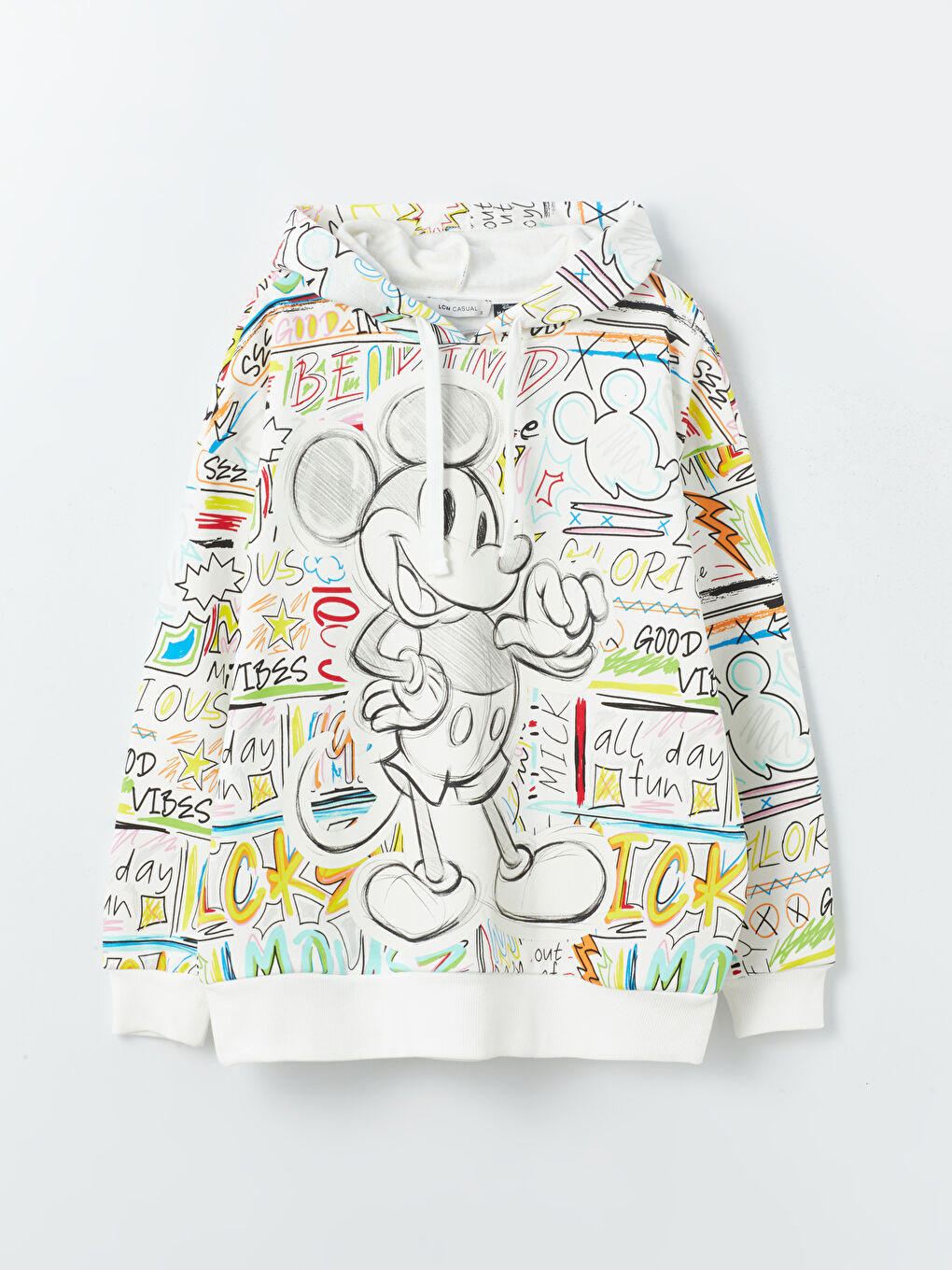 LCW Vision Ekru Baskılı Mickey Mouse Baskılı Oversize Kadın Kalın Hoodie - 5