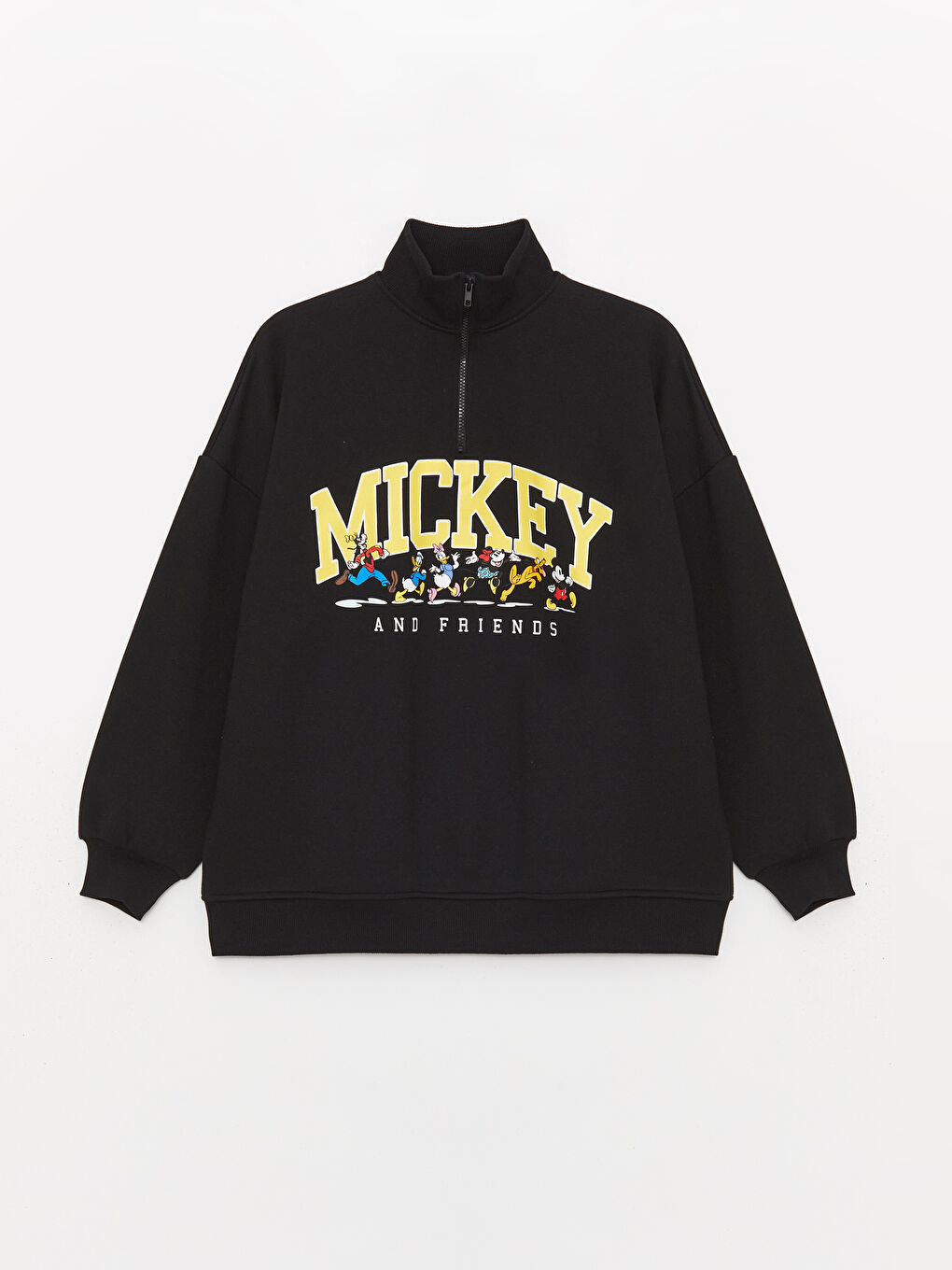 LCW Vision Yeni Siyah Dik Yaka Mickey Mouse ve Arkadaşları Baskılı Oversize Kadın Kalın Sweatshirt - 5