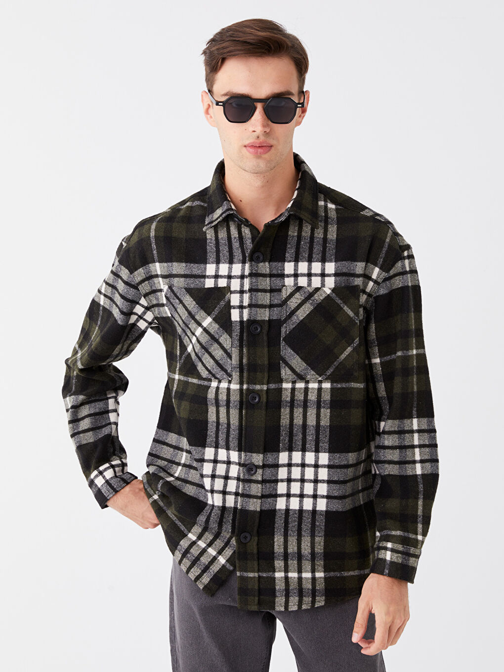 Regular Fit Long Sleeve Plaid Gabardine Men's Shirt Jacket