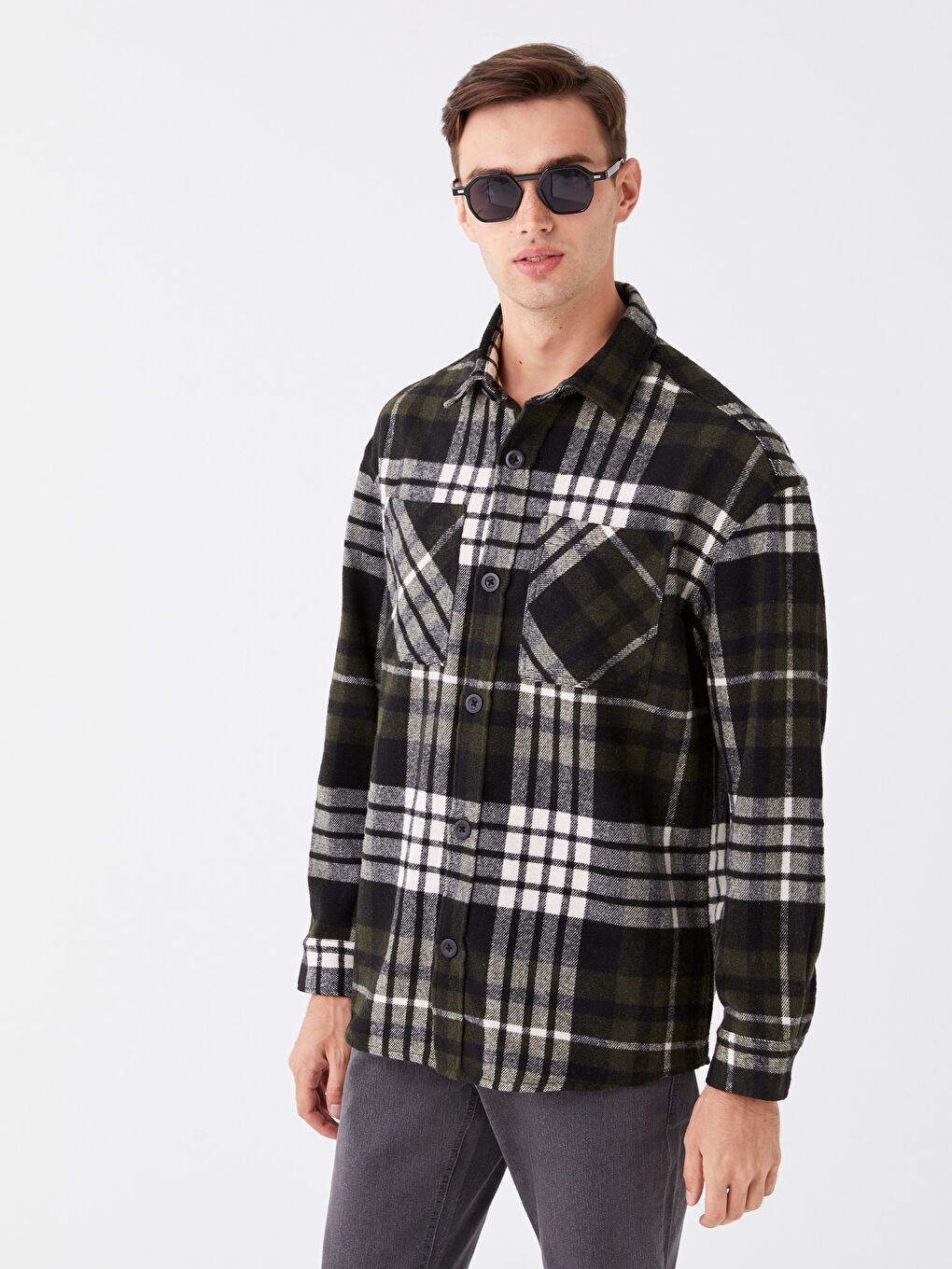 Regular Fit Long Sleeve Plaid Gabardine Men's Shirt Jacket-1