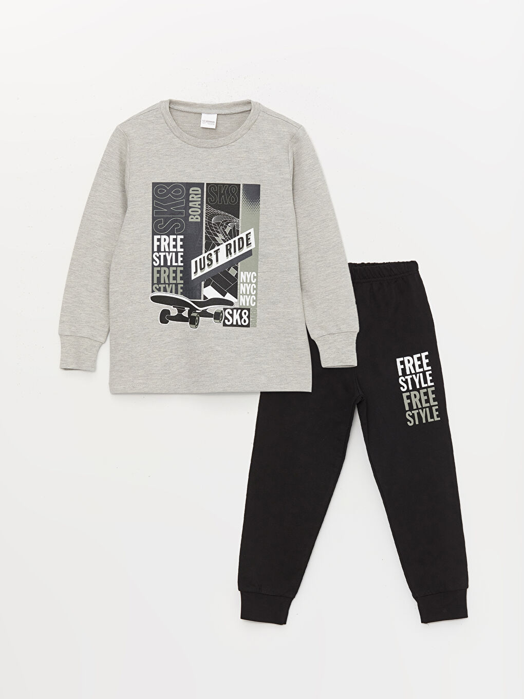 Gri Bisiklet Yaka Baskılı Uzun Kollu Erkek Çocuk Pijama Takımı