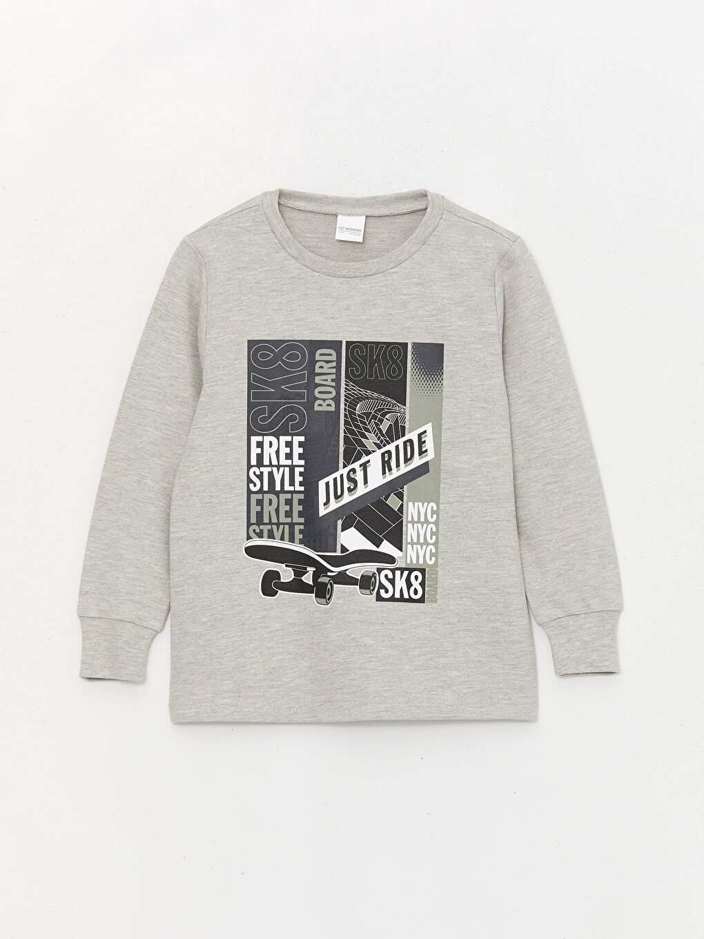 Gri Bisiklet Yaka Baskılı Uzun Kollu Erkek Çocuk Pijama Takımı-1