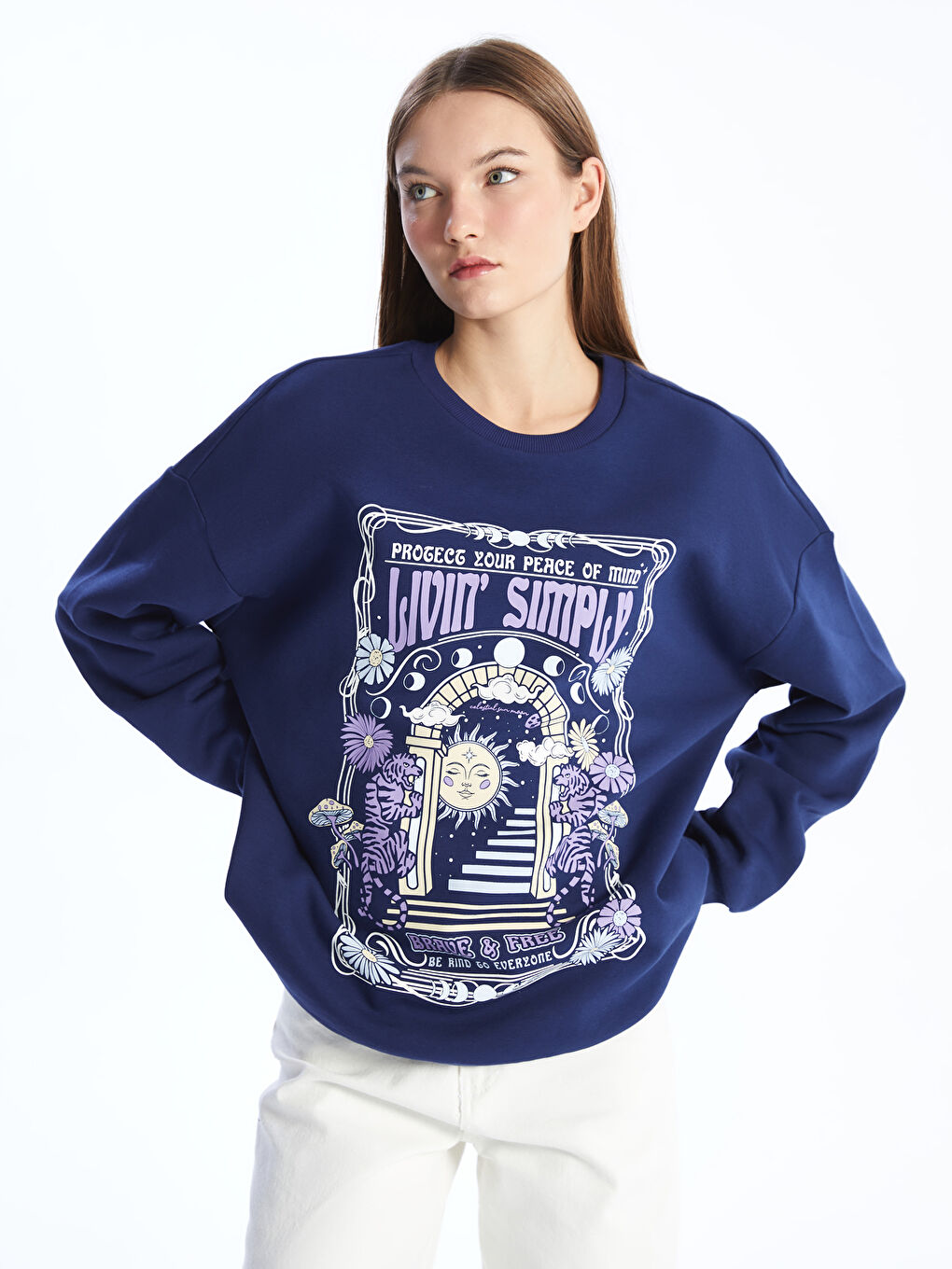 Lacivert Bisiklet Yaka Baskılı Oversize Kadın Kalın Sweatshirt