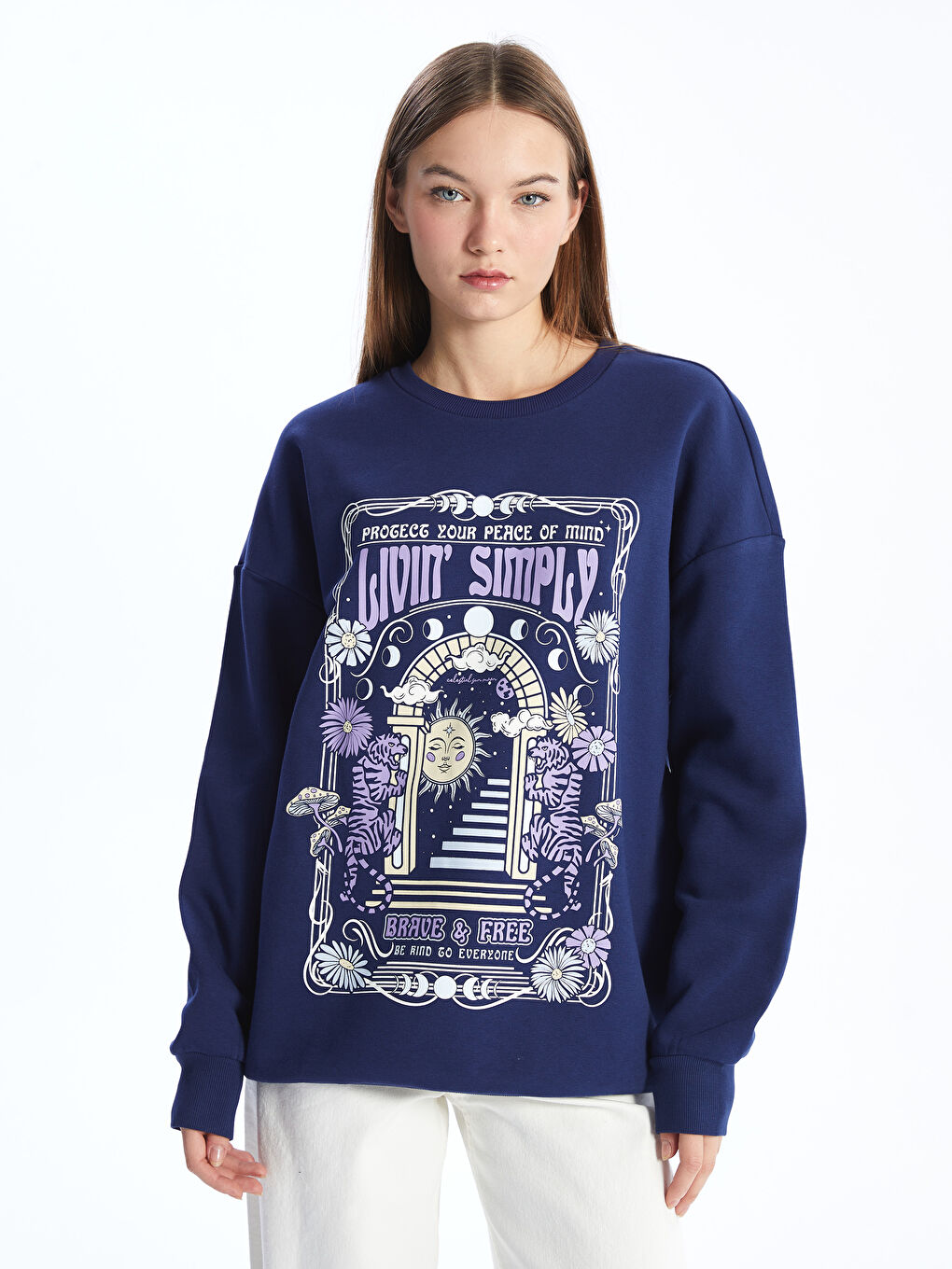 Lacivert Bisiklet Yaka Baskılı Oversize Kadın Kalın Sweatshirt-1