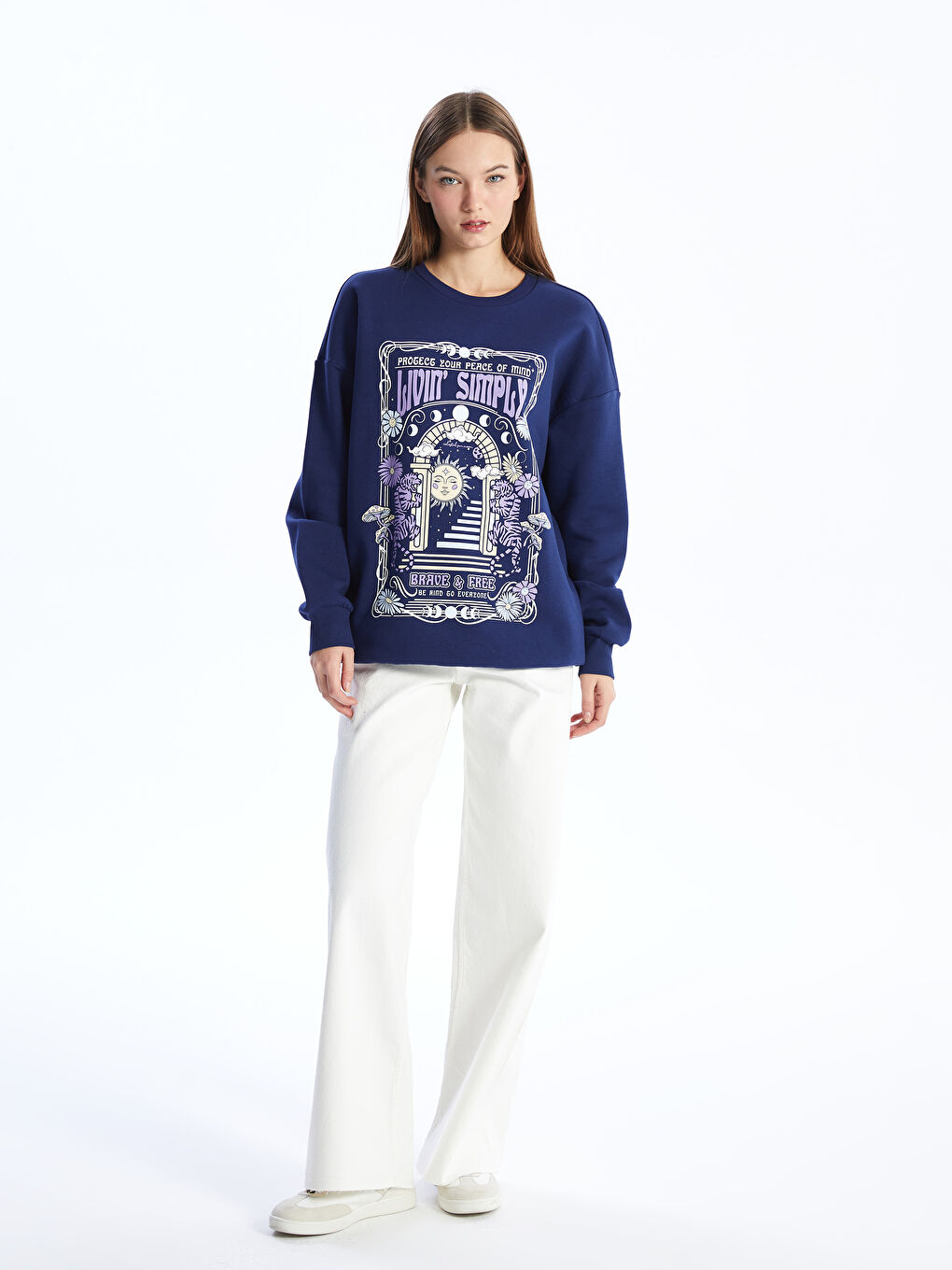 Lacivert Bisiklet Yaka Baskılı Oversize Kadın Kalın Sweatshirt-2