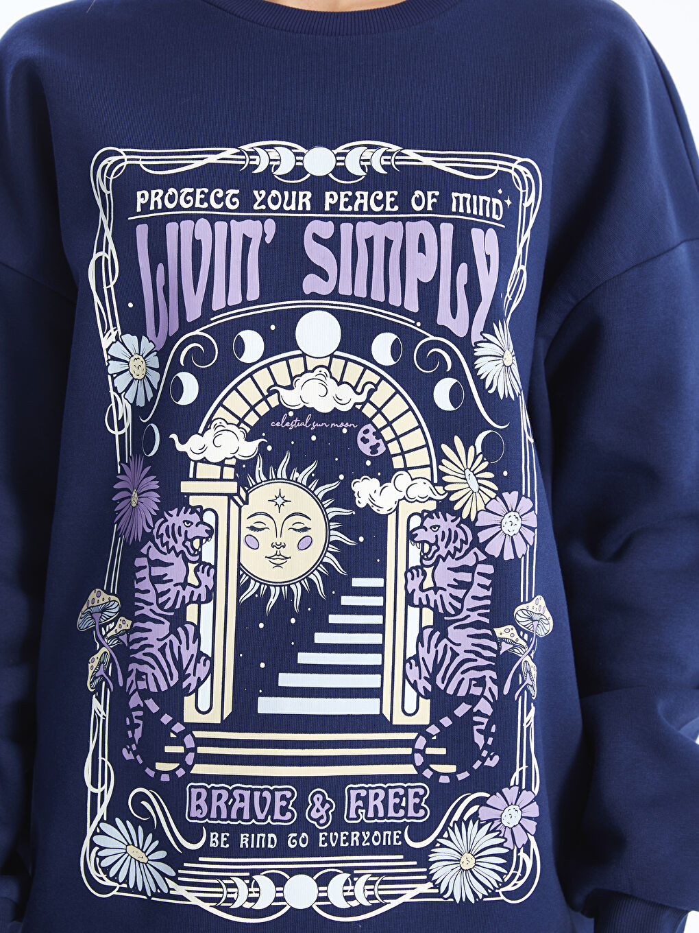 Lacivert Bisiklet Yaka Baskılı Oversize Kadın Kalın Sweatshirt-3