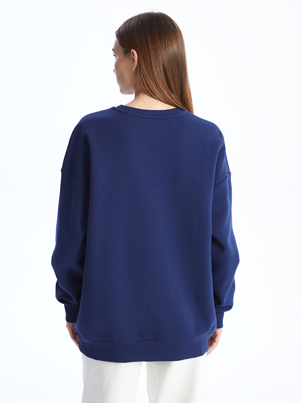 Lacivert Bisiklet Yaka Baskılı Oversize Kadın Kalın Sweatshirt-4