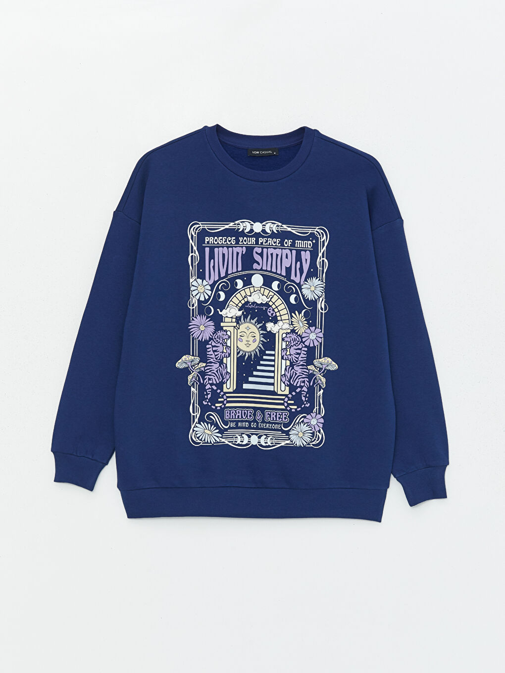 Lacivert Bisiklet Yaka Baskılı Oversize Kadın Kalın Sweatshirt-5