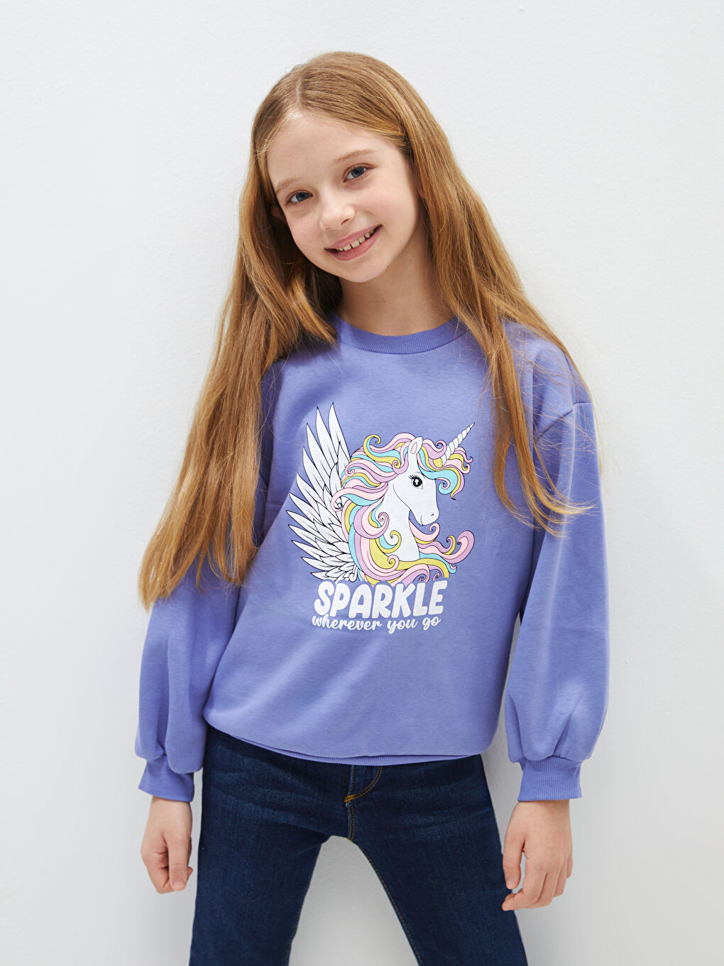 LCW Kids Mat Lila Bisiklet Yaka Baskılı Uzun Kollu Kız Çocuk Sweatshirt