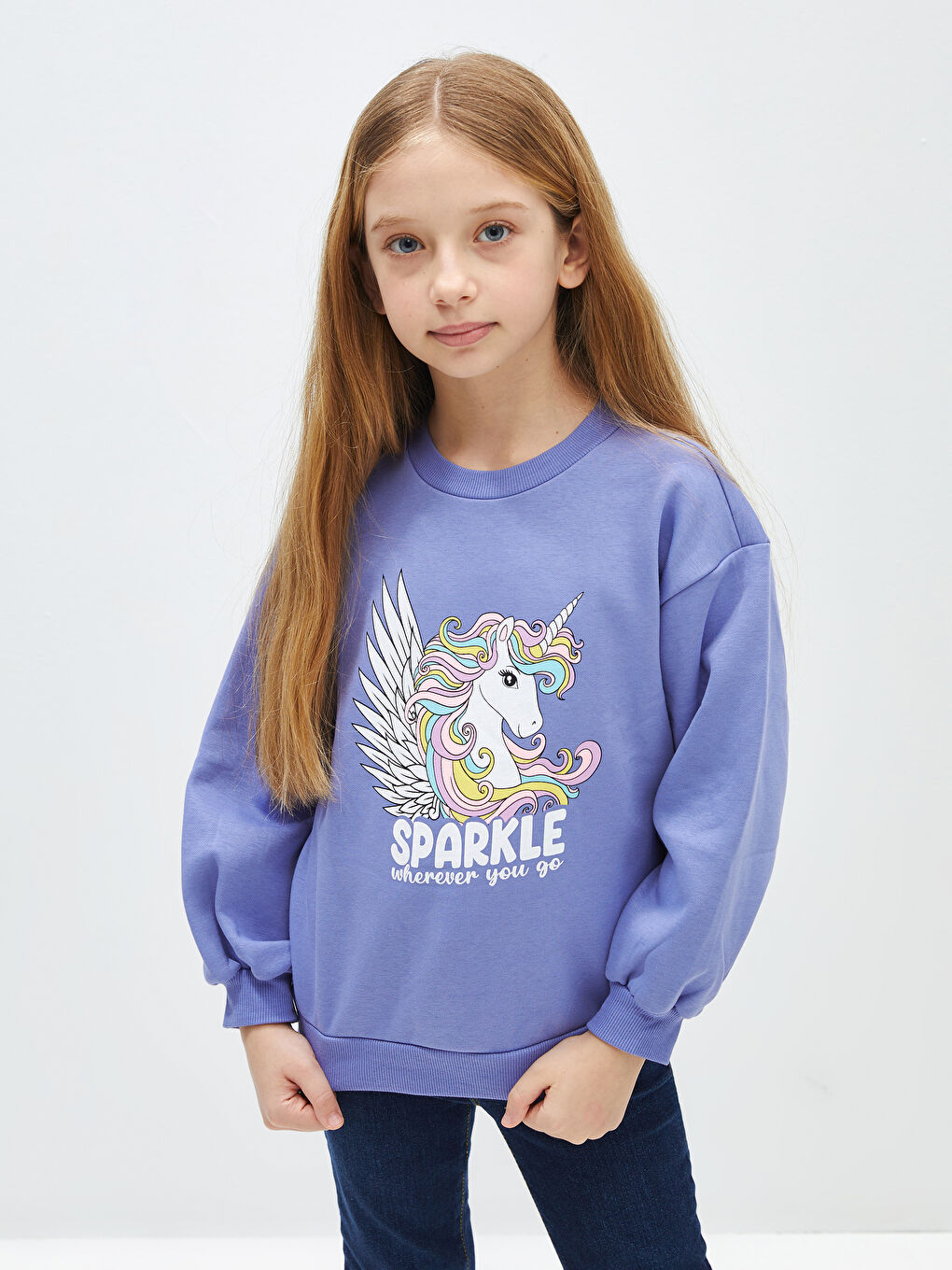 LCW Kids Mat Lila Bisiklet Yaka Baskılı Uzun Kollu Kız Çocuk Sweatshirt - 1