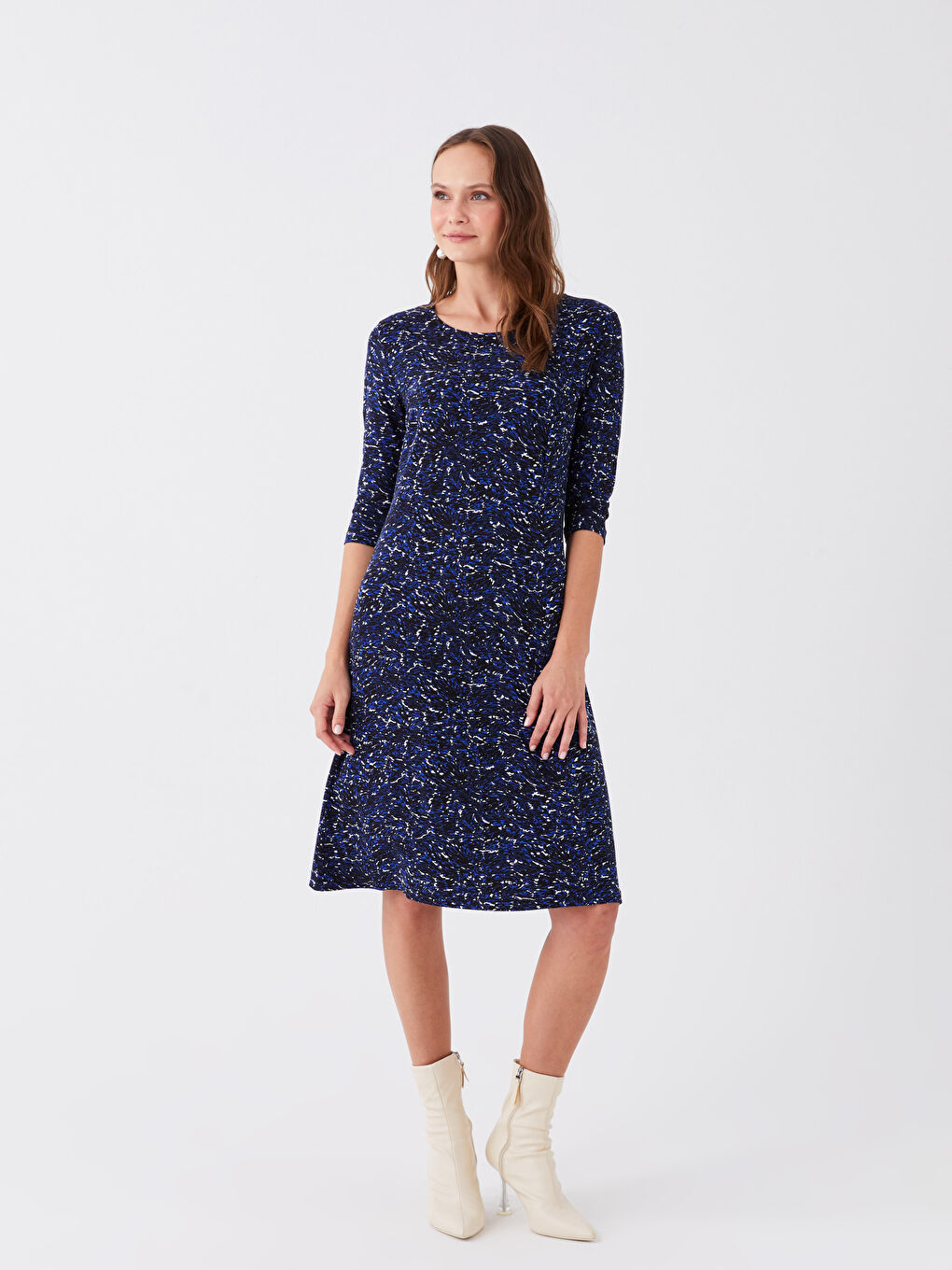LCW Grace Crew Neck Patterned A Form Women's Dress -W3CE63Z8-LSJ