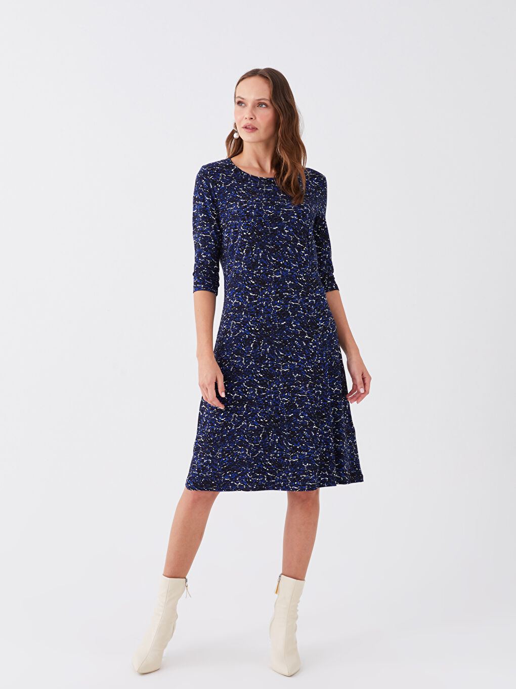 LCW Grace Crew Neck Patterned A Form Women's Dress -W3CE63Z8-LSJ