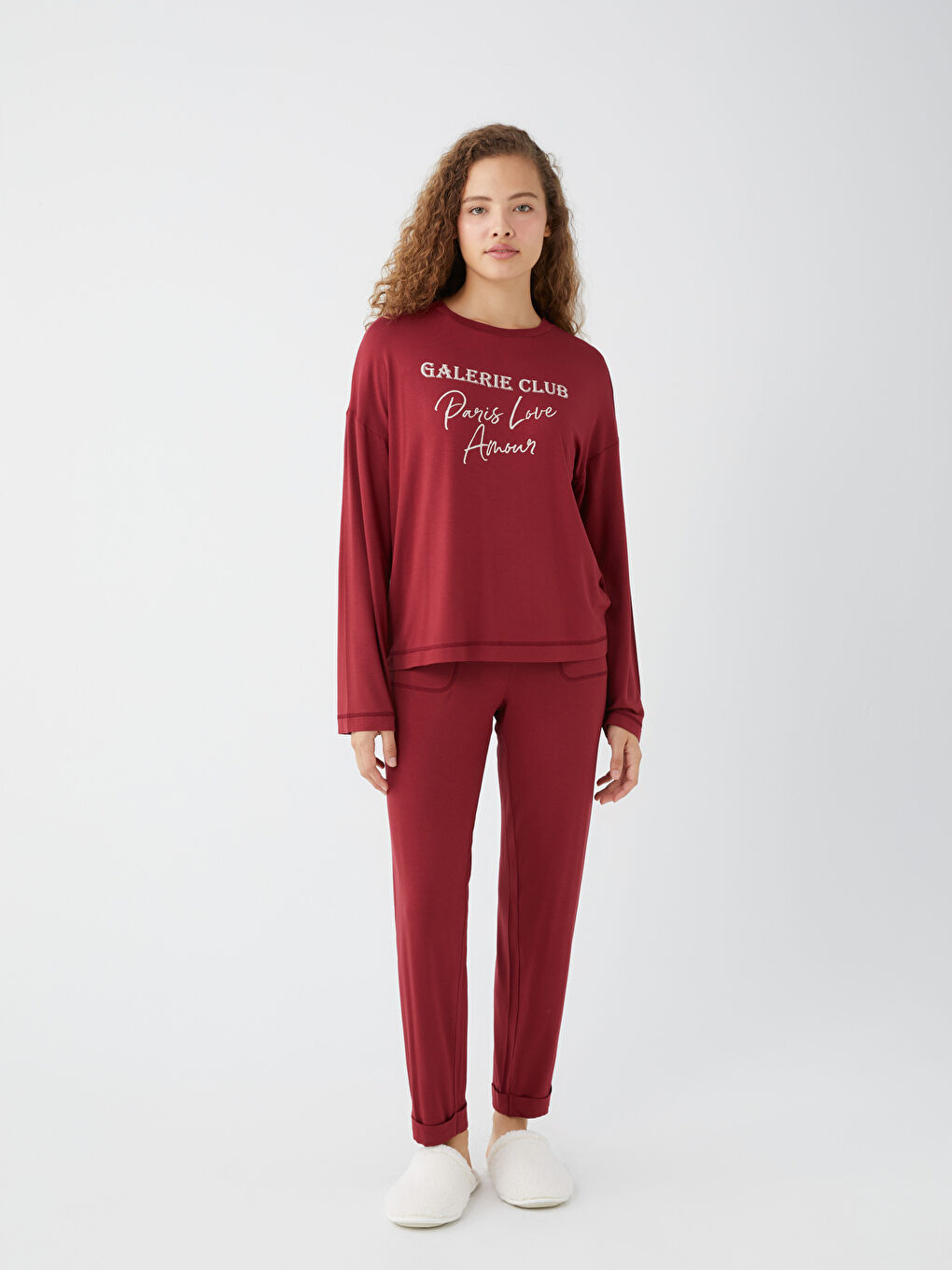 Bordo Bisiklet Yaka Baskılı Uzun Kollu Kadın Pijama Takımı