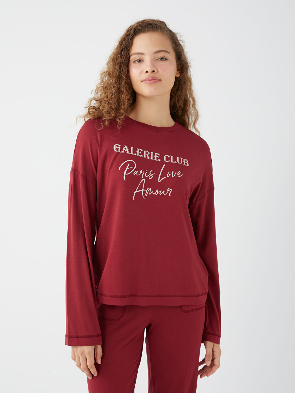 Bordo Bisiklet Yaka Baskılı Uzun Kollu Kadın Pijama Takımı-1