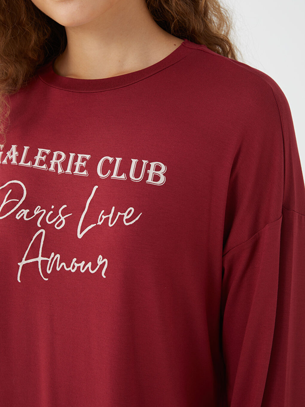 Bordo Bisiklet Yaka Baskılı Uzun Kollu Kadın Pijama Takımı-2