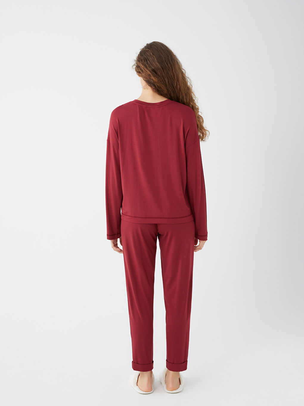 Bordo Bisiklet Yaka Baskılı Uzun Kollu Kadın Pijama Takımı-3