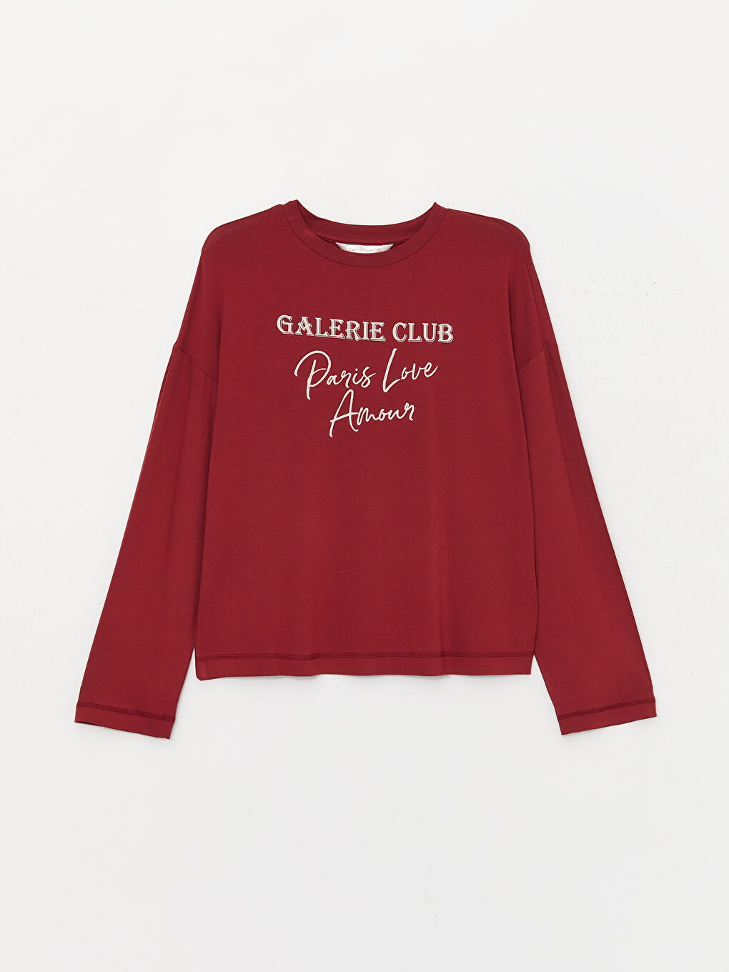 Bordo Bisiklet Yaka Baskılı Uzun Kollu Kadın Pijama Takımı-5