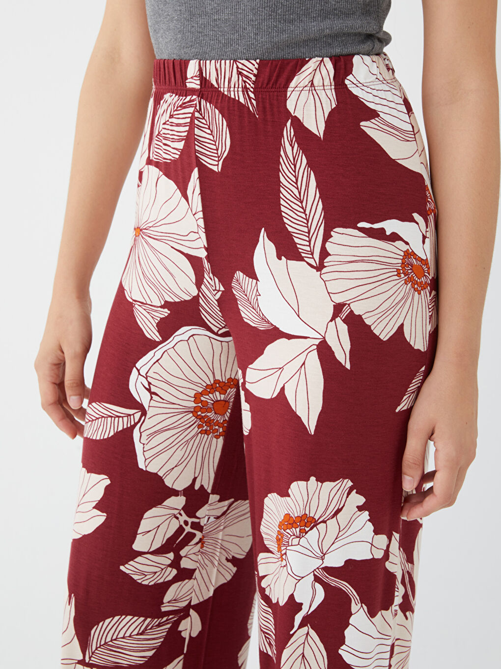 Bordo Beli Lastikli Çiçekli Kadın Pijama Alt-1