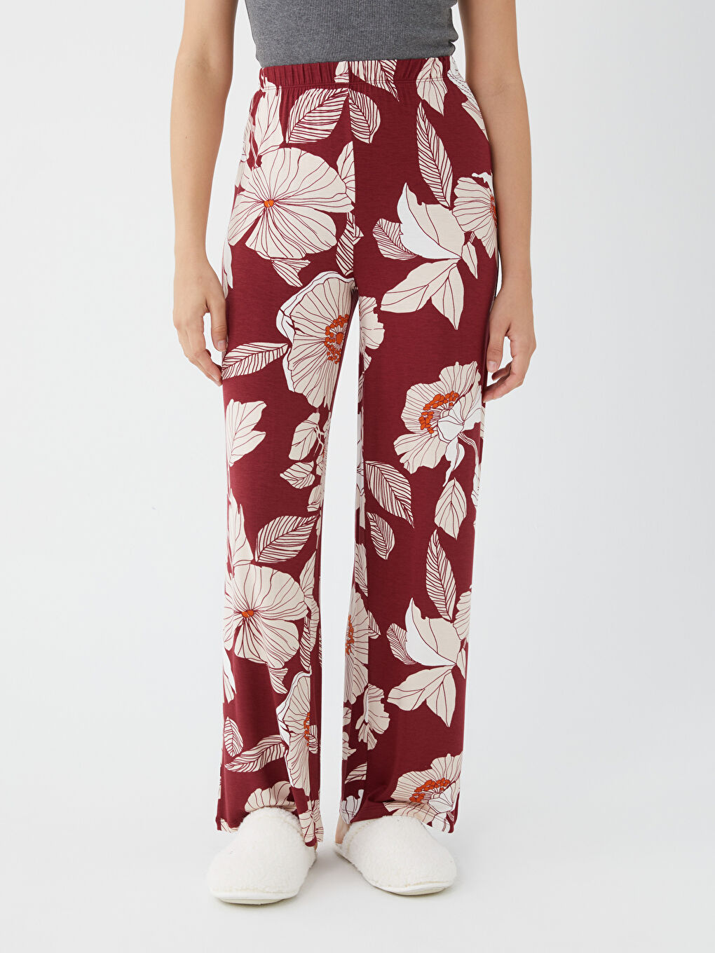 Bordo Beli Lastikli Çiçekli Kadın Pijama Alt-2
