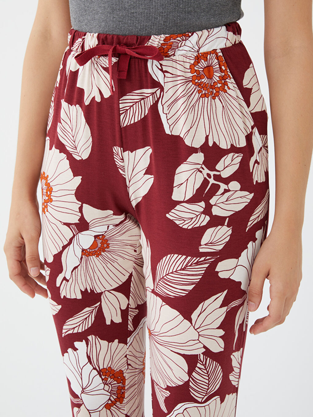 Bordo Beli Lastikli Çiçekli Kadın Pijama Alt-1