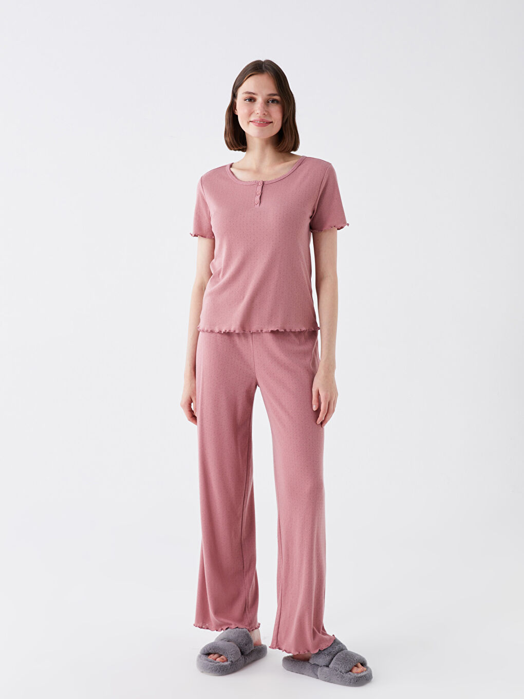 Pembe Bisiklet Yaka Desenli Kısa Kollu Kadın Pijama Takımı