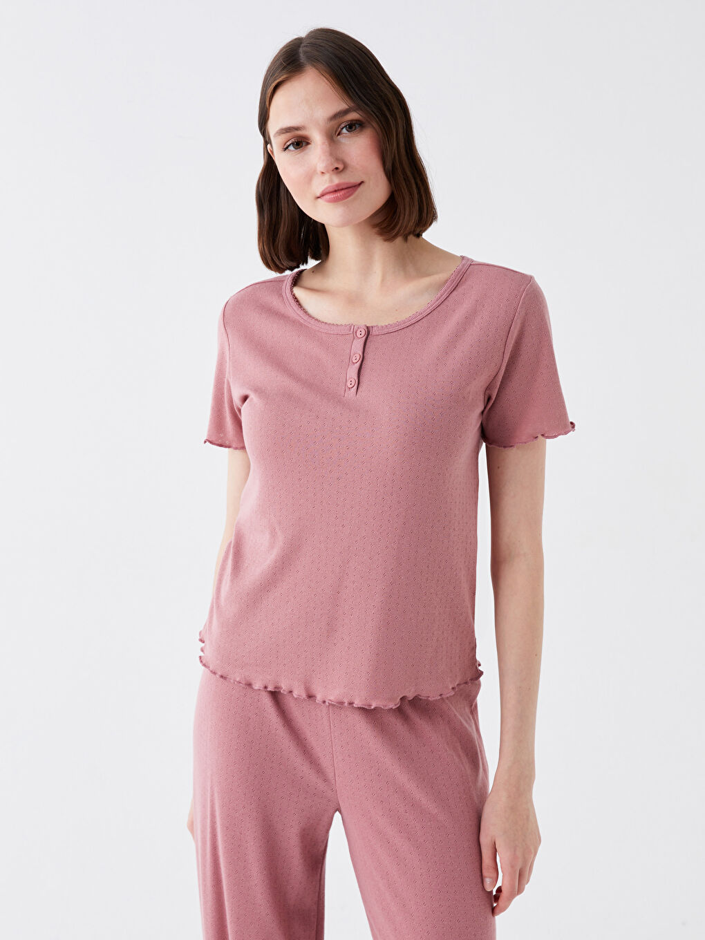 Pembe Bisiklet Yaka Desenli Kısa Kollu Kadın Pijama Takımı-1