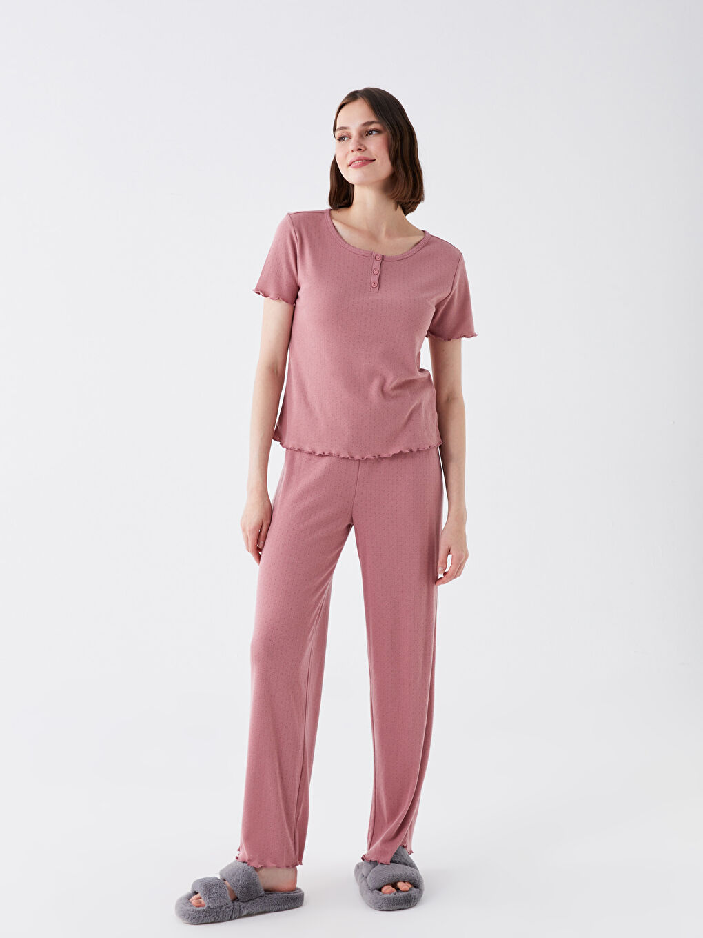 Pembe Bisiklet Yaka Desenli Kısa Kollu Kadın Pijama Takımı-2