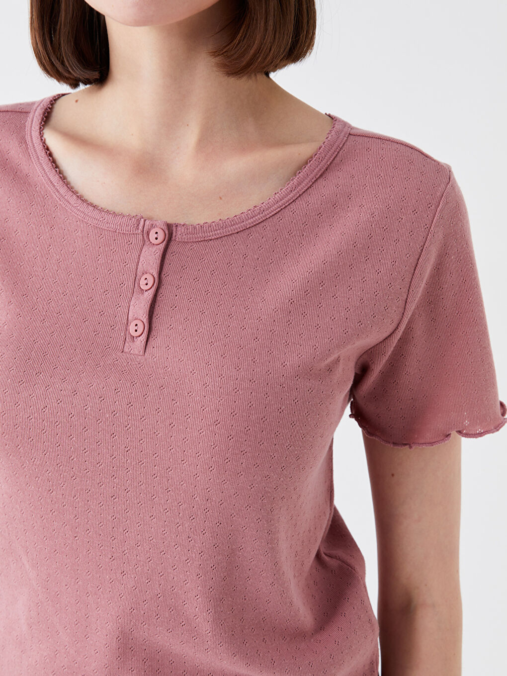 Pembe Bisiklet Yaka Desenli Kısa Kollu Kadın Pijama Takımı-3