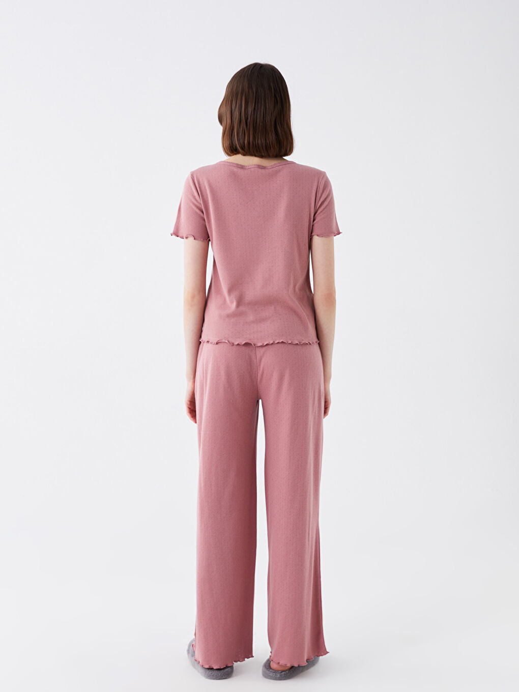 Pembe Bisiklet Yaka Desenli Kısa Kollu Kadın Pijama Takımı-4