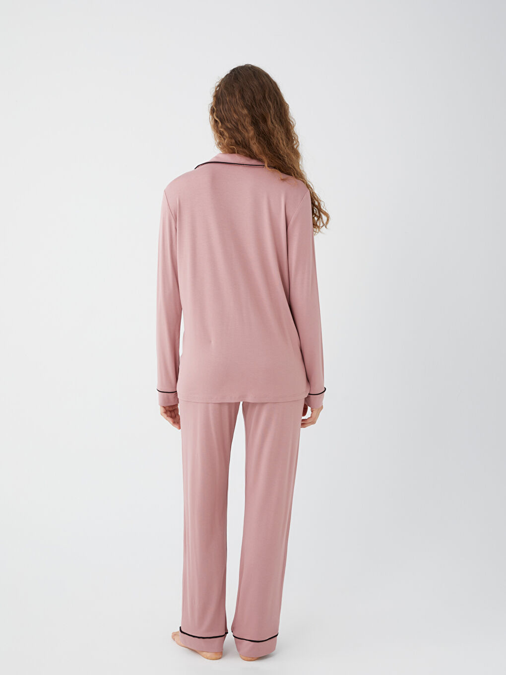 Pembe Gömlek Yaka Düz Uzun Kollu Kadın Pijama Takımı-3
