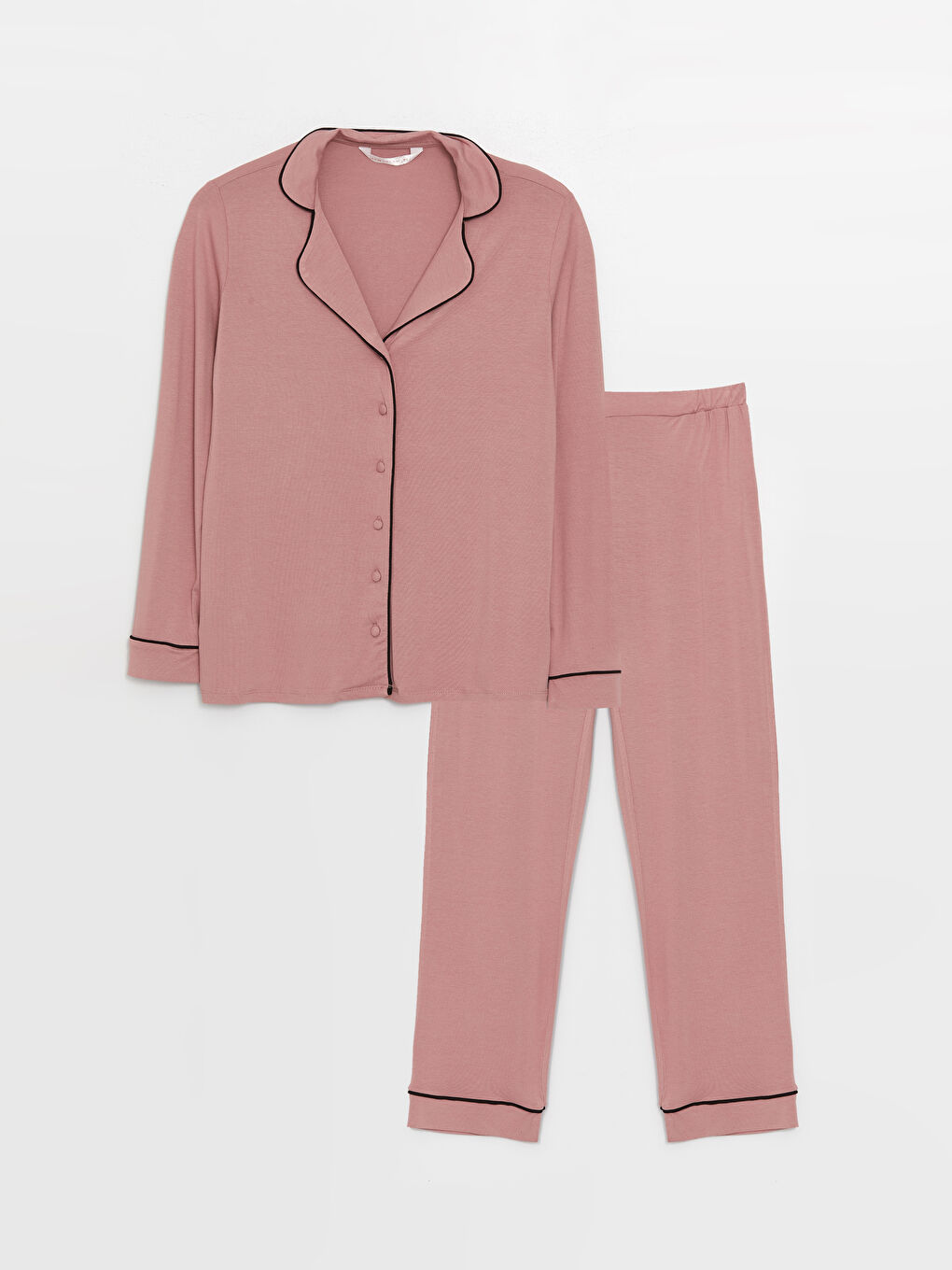 Pembe Gömlek Yaka Düz Uzun Kollu Kadın Pijama Takımı-4